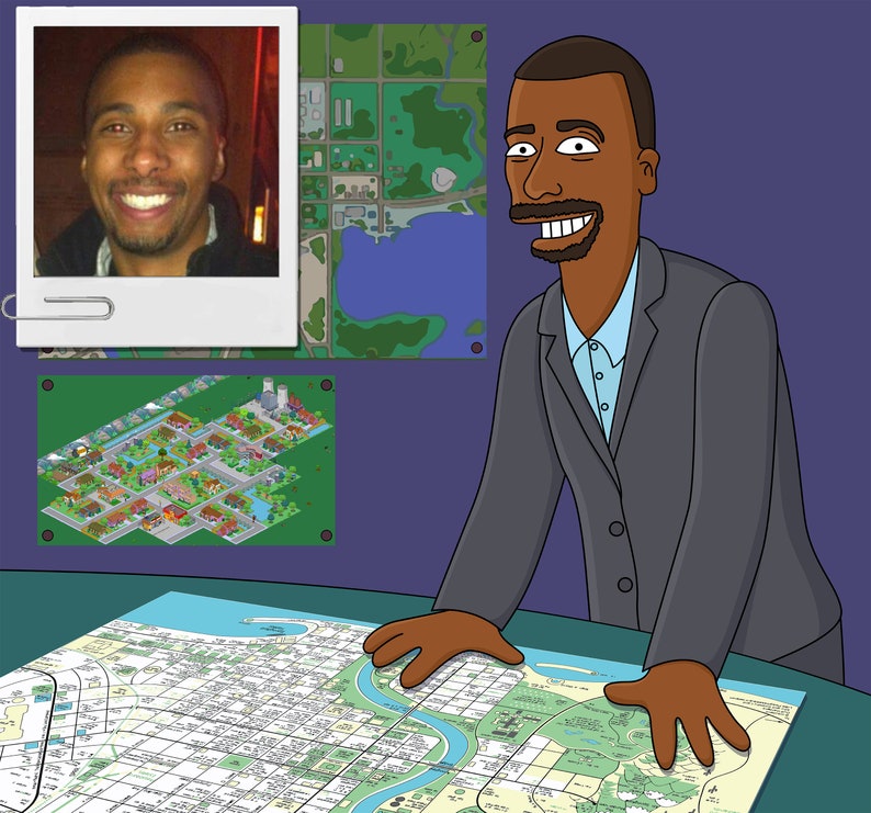 May include: A cartoon illustration of a person standing at a desk with a map spread out in front of them. The map is a detailed city plan with streets, parks, and waterways. There are three framed pictures on the wall behind the person. One picture is a photo of a person, another is a cartoon illustration of a city, and the third is a cartoon illustration of a map.
