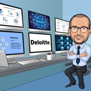 Puede incluir: Una ilustraci&oacute;n de dibujos animados de una persona sentada frente a un escritorio con varios monitores de computadora que muestran informaci&oacute;n sobre la tecnolog&iacute;a blockchain. Los monitores muestran el texto "BLOCK CHAIN", "Blockchain" y "Deloitte".