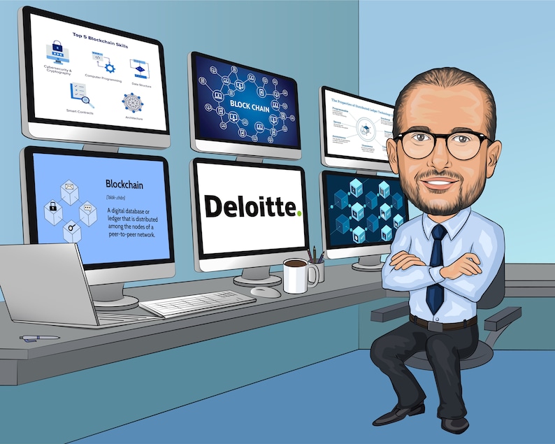 Puede incluir: Una ilustraci&oacute;n de dibujos animados de una persona sentada frente a un escritorio con varios monitores de computadora que muestran informaci&oacute;n sobre la tecnolog&iacute;a blockchain. Los monitores muestran el texto "BLOCK CHAIN", "Blockchain" y "Deloitte".