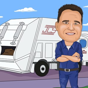 May include: A cartoon illustration of a man in a blue uniform standing in front of a white refuse truck with the text "JCS JIM COLLINS SERVICE" on the side.