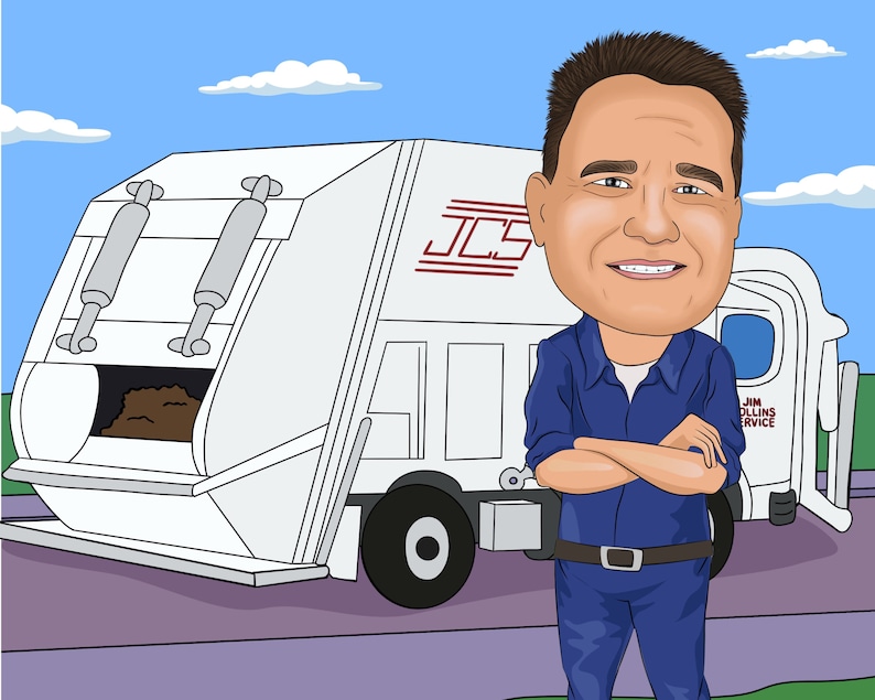 May include: A cartoon illustration of a man in a blue uniform standing in front of a white refuse truck with the text "JCS JIM COLLINS SERVICE" on the side.