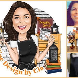 May include: A caricature of a woman holding paintbrushes and a jar of chalk paint. She is wearing a black apron and a white shirt. The background is a brick wall with a sign that says "Pumpkin Spice & Everything Nice". The image also includes a lantern, books, and a wooden table. The text "Fine Design by Cia" is written in a decorative font.