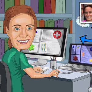 Può includere: Un'illustrazione di un cartone animato di una dottoressa seduta a una scrivania in uno studio medico. Indossa una camicetta verde da chirurgo e sta usando un computer. C'è uno stetoscopio sulla scrivania e un laptop con un'icona medica sullo schermo.