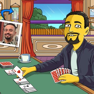 Cadeau pour joueur de skat - Portrait personnalisé à partir d'une photo en personnage jaune, kartenspieler, Spielkarten, jeu de cartes de skat
