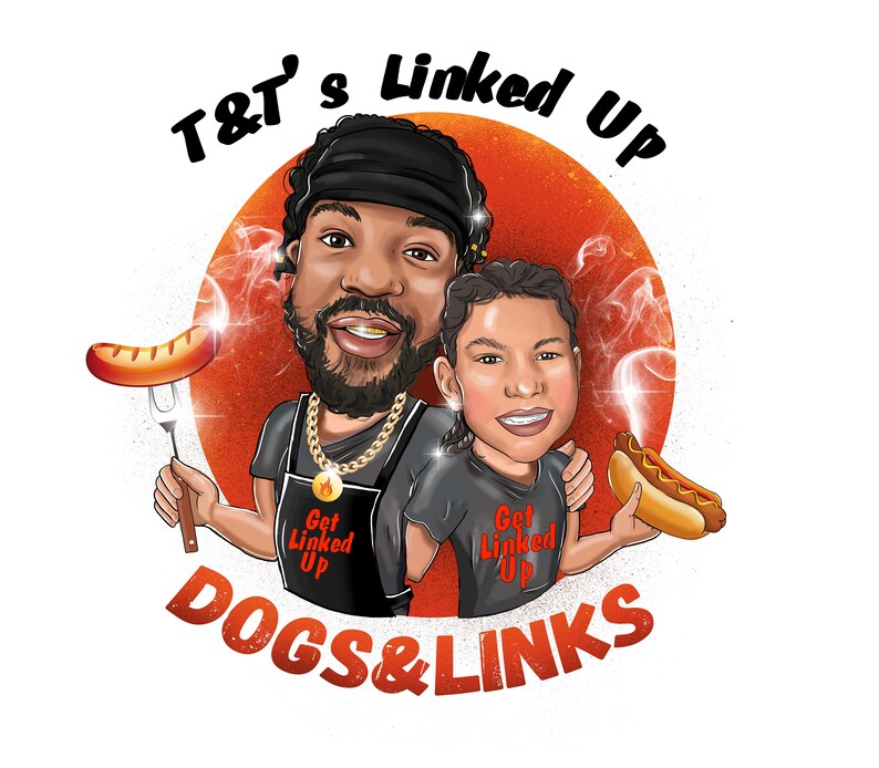 May include: A cartoon illustration of two people, a man and a child, holding hot dogs. The man is wearing a black apron with the text "Get Linked Up" and a gold chain. The child is wearing a black t-shirt with the text "Get Linked Up". The background is a red circle with the text "T&T's Linked Up" and "DOGS & LINKS".