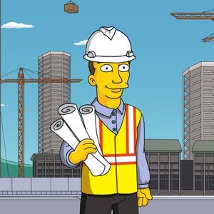 May include: A cartoon construction worker wearing a white hard hat and a yellow safety vest holds blueprints in front of a construction site with two tall buildings and cranes.