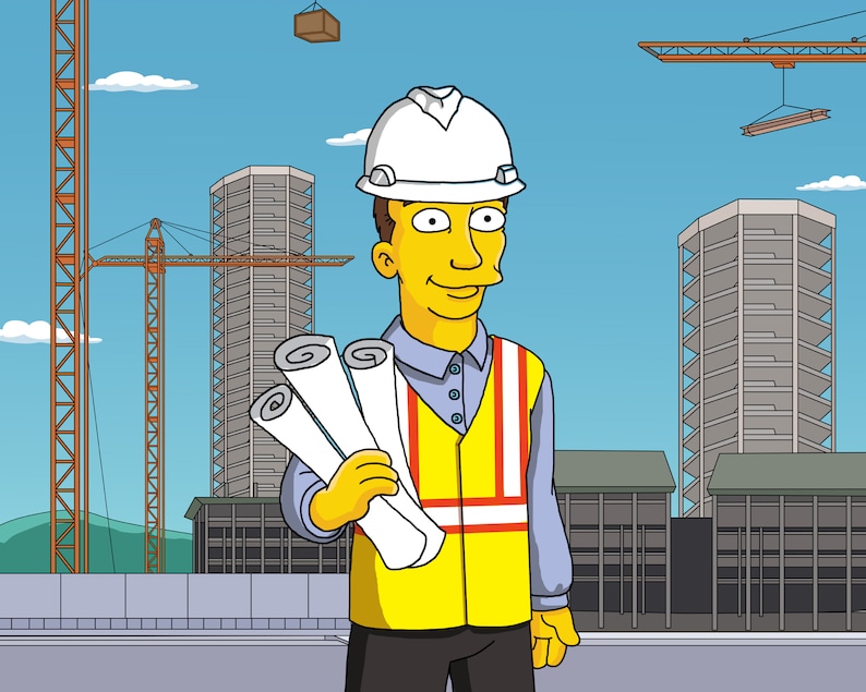 May include: A cartoon construction worker wearing a white hard hat and a yellow safety vest holds blueprints in front of a construction site with two tall buildings and cranes.
