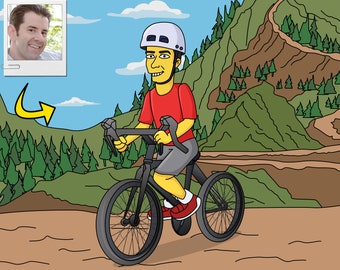 Custom Mountain Biker Portrait: Yellow Cartoon MTB Art (Digital File)