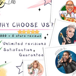 May include: A graphic with the text "WHY CHOOSE US?" and "8000 + 5 stars reviews". Below the text are three checkmarks with the text "Unlimited revisions" and "Satisfaction Guarantee". The graphic is decorated with stars and colorful abstract shapes.