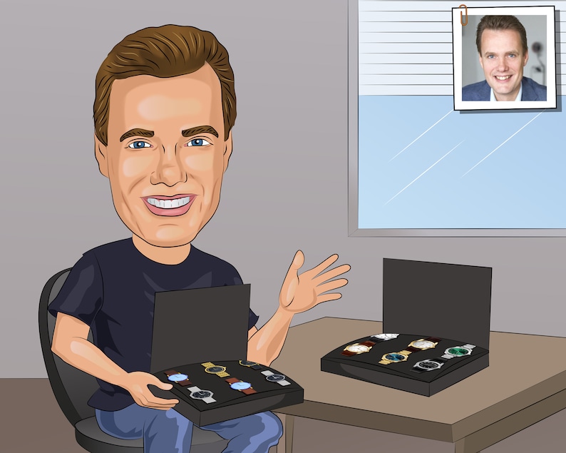May include: A cartoon illustration of a person holding a black box with a variety of wristwatches inside. The box is open and the watches are visible. There is another box with watches on a table in the background.