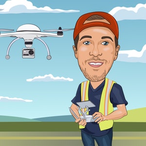 May include: Cartoon illustration of a man operating a drone. The man wears a red cap, a yellow safety vest, and holds a remote control. A white drone with a camera hovers in the sky against a blue sky background.