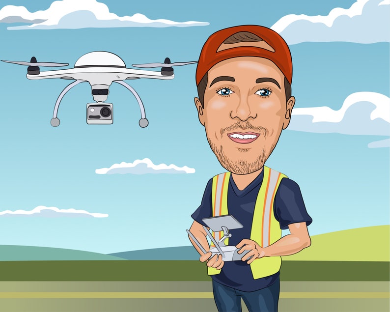 May include: Cartoon illustration of a man operating a drone. The man wears a red cap, a yellow safety vest, and holds a remote control. A white drone with a camera hovers in the sky against a blue sky background.