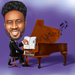 Pianist Gift Caricature Portrait from Photo / piano teacher gift / piano player gift image 2