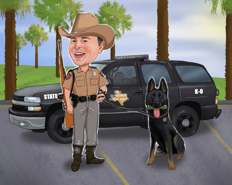 May include: A cartoon illustration of a Texas Department of Public Safety officer in a brown cowboy hat and uniform, holding a rifle and standing next to a black SUV with the words "STATE" and "K-O" on it. A black German Shepherd dog is sitting in front of the officer, wearing a collar and holding a green stick in its mouth.