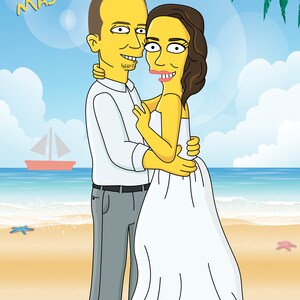 May include: A cartoon illustration of a couple getting married on a beach. The bride is wearing a white dress and the groom is wearing a white shirt and gray pants. The text "The Becks May 6 2017" is written in the top left corner of the image.