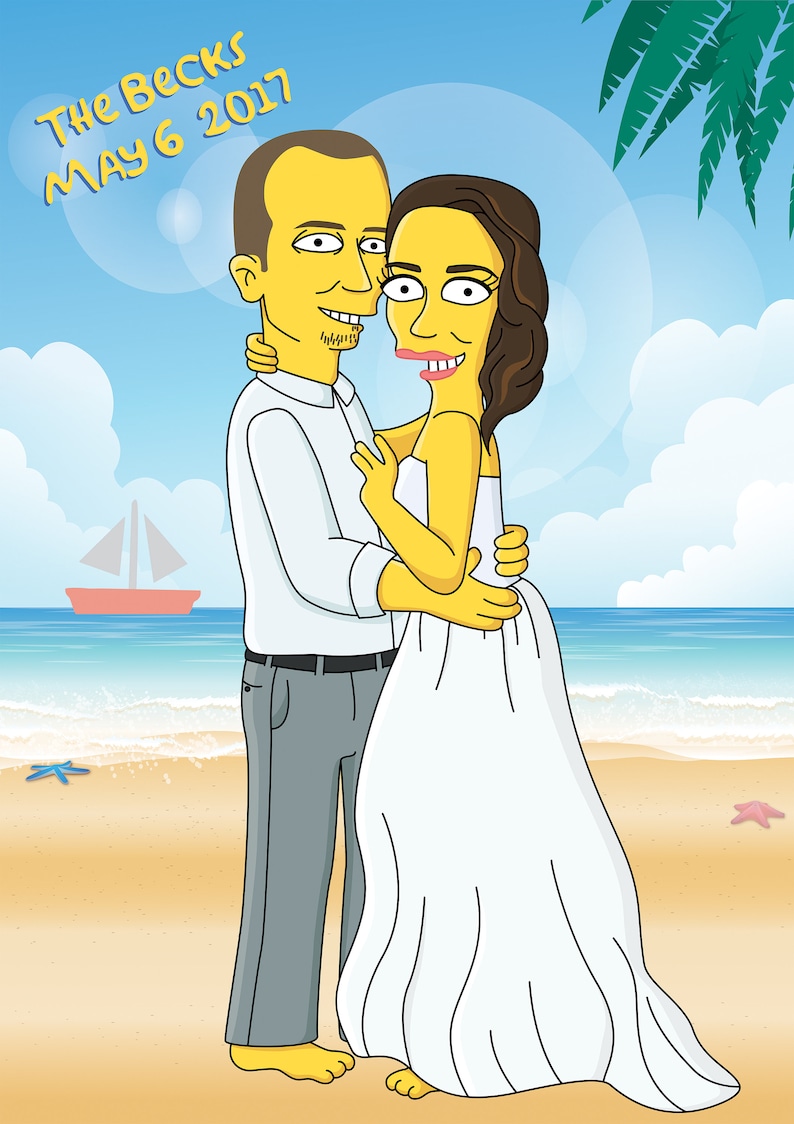 May include: A cartoon illustration of a couple getting married on a beach. The bride is wearing a white dress and the groom is wearing a white shirt and gray pants. The text "The Becks May 6 2017" is written in the top left corner of the image.