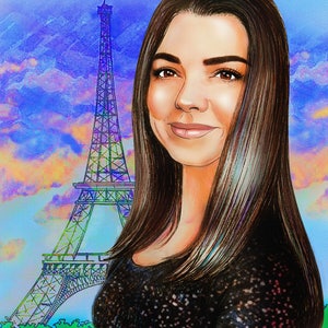 May include: A woman with long brown hair is smiling. She is wearing a black sequined top. The Eiffel Tower is in the background. The sky is a vibrant blue with pink and orange clouds.