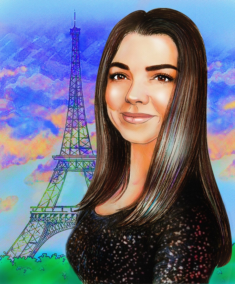 May include: A woman with long brown hair is smiling. She is wearing a black sequined top. The Eiffel Tower is in the background. The sky is a vibrant blue with pink and orange clouds.