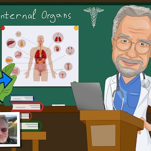 May include: A cartoon doctor stands at a lectern in front of a green chalkboard with the words "Internal Organs" written on it. The doctor is wearing a white lab coat, a blue shirt, and a stethoscope. He is smiling and looking at the camera. There is a laptop computer on the lectern and a diagram of the human body with internal organs labelled on the chalkboard.