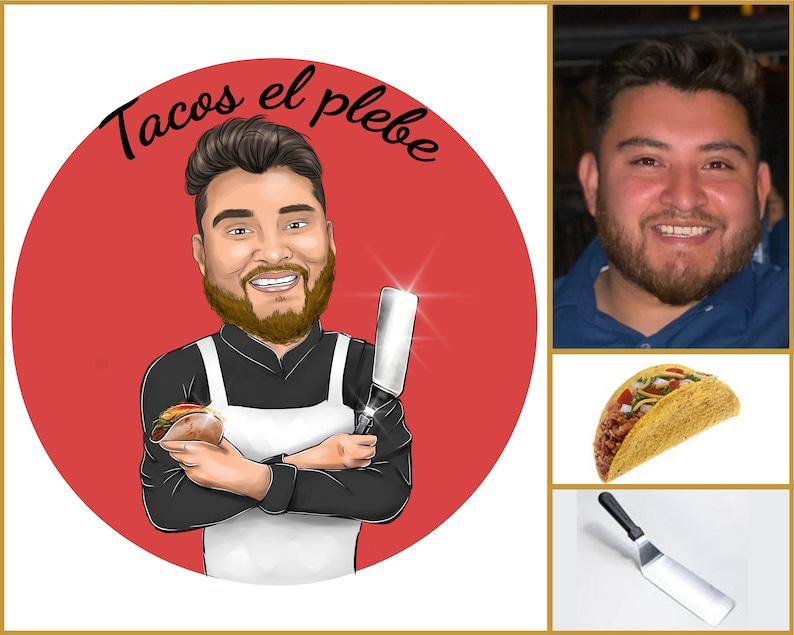 May include: A cartoon illustration of a chef holding a taco and a spatula. The chef is wearing a white apron and a black shirt. The background is red with the text "Tacos el plebe" in black.