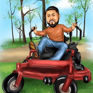 Puede incluir: Una ilustraci&oacute;n de dibujos animados de una persona conduciendo un cortac&eacute;sped de conducci&oacute;n rojo. La persona lleva una camisa marr&oacute;n, pantalones vaqueros azules y una barba negra. El cortac&eacute;sped tiene ruedas negras y un volante negro.