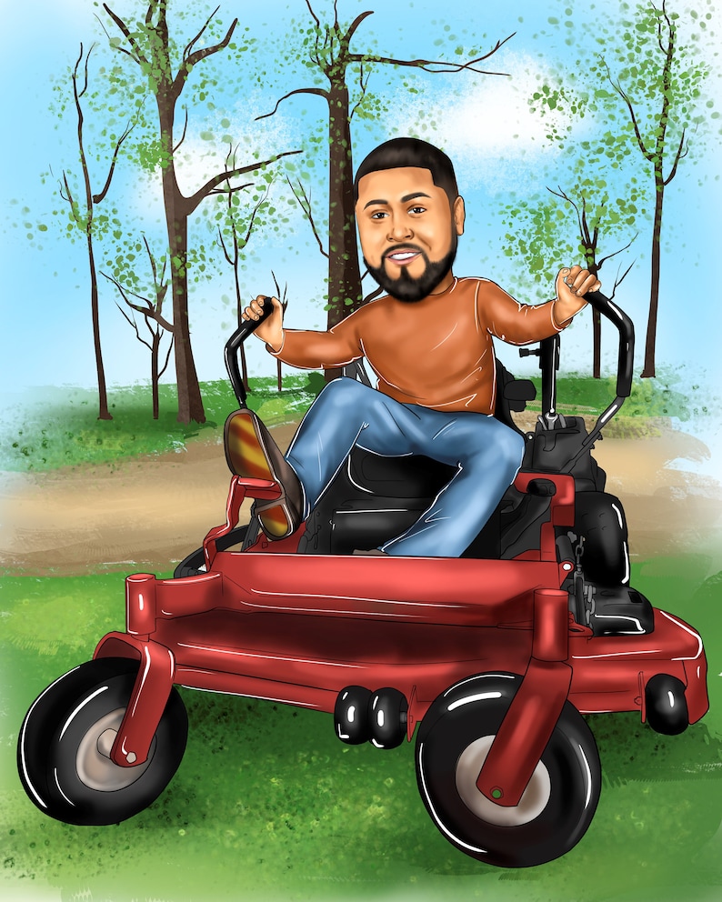 Puede incluir: Una ilustraci&oacute;n de dibujos animados de una persona conduciendo un cortac&eacute;sped de conducci&oacute;n rojo. La persona lleva una camisa marr&oacute;n, pantalones vaqueros azules y una barba negra. El cortac&eacute;sped tiene ruedas negras y un volante negro.