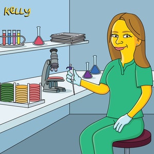 May include: A woman wearing a green lab coat and yellow gloves is working in a laboratory. She is holding a pipette and looking at a microscope. There are petri dishes, test tubes, and beakers on the table. The text "Kelly" is written on the wall.