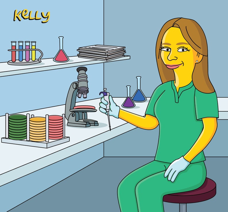 May include: A woman wearing a green lab coat and yellow gloves is working in a laboratory. She is holding a pipette and looking at a microscope. There are petri dishes, test tubes, and beakers on the table. The text "Kelly" is written on the wall.