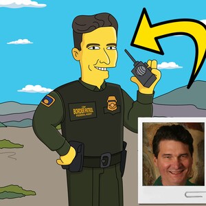 May include: A cartoon illustration of a border patrol agent wearing a green uniform with a badge that says "CBP Border Patrol Federal Agent". The agent is holding a walkie-talkie in his right hand and has a serious expression on his face. A yellow arrow points to the walkie-talkie. A photo of a man with short brown hair and a friendly smile is in the lower right corner of the image.