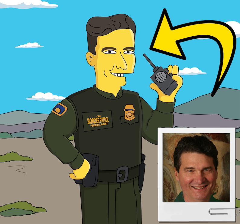 May include: A cartoon illustration of a border patrol agent wearing a green uniform with a badge that says "CBP Border Patrol Federal Agent". The agent is holding a walkie-talkie in his right hand and has a serious expression on his face. A yellow arrow points to the walkie-talkie. A photo of a man with short brown hair and a friendly smile is in the lower right corner of the image.
