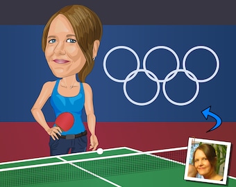 May include: A caricature of a woman playing table tennis. She is holding a red paddle and a white ball. The background is a blue and red striped pattern with the Olympic rings in white.