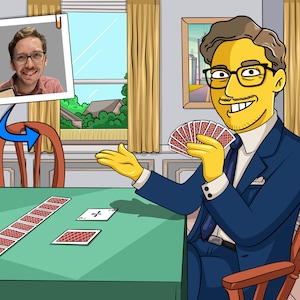 Regalo para jugadores de gin rummy: retrato personalizado a partir de una foto como personaje amarillo, juego de rummy
