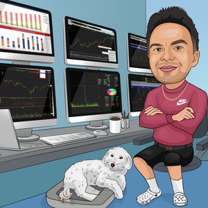 Puede incluir: Una ilustraci&oacute;n de dibujos animados de un hombre sentado frente a varios monitores de computadora que muestran gr&aacute;ficos del mercado de valores. Lleva un su&eacute;ter rojo con un logotipo de Nike y pantalones cortos negros. Un perro blanco est&aacute; acostado en el suelo junto a &eacute;l.