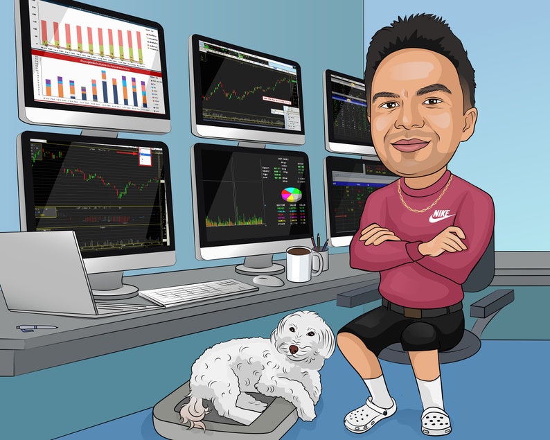 Puede incluir: Una ilustraci&oacute;n de dibujos animados de un hombre sentado frente a varios monitores de computadora que muestran gr&aacute;ficos del mercado de valores. Lleva un su&eacute;ter rojo con un logotipo de Nike y pantalones cortos negros. Un perro blanco est&aacute; acostado en el suelo junto a &eacute;l.
