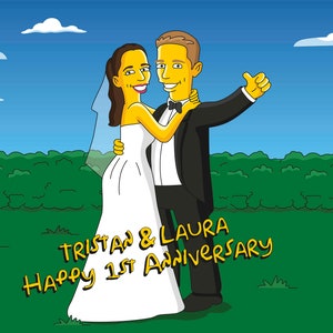 May include: A cartoon illustration of a bride and groom in a yellow and white color scheme. The bride is wearing a white wedding dress and the groom is wearing a black tuxedo. The text "Tristan & Laura Happy 1st Anniversary" is written in yellow on a green background.