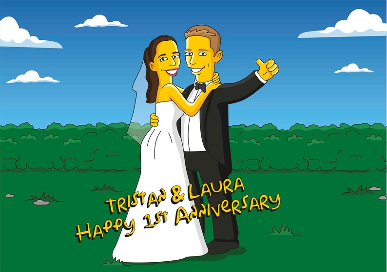 May include: A cartoon illustration of a bride and groom in a yellow and white color scheme. The bride is wearing a white wedding dress and the groom is wearing a black tuxedo. The text "Tristan & Laura Happy 1st Anniversary" is written in yellow on a green background.
