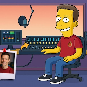 May include: Cartoon illustration of a man in a recording studio, Simpsonized. He wears a red shirt and blue jeans, seated at a mixing console. A photo of the man is pinned to the wall. Studio equipment includes a microphone, speakers, and a computer monitor.