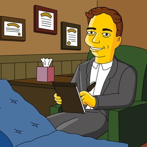 May include: A cartoon therapist with yellow skin sits in a green armchair, taking notes on a brown notepad. The therapist is wearing a grey suit jacket over a white shirt. The therapist is in an office setting with a wooden desk and a blue couch in the background.