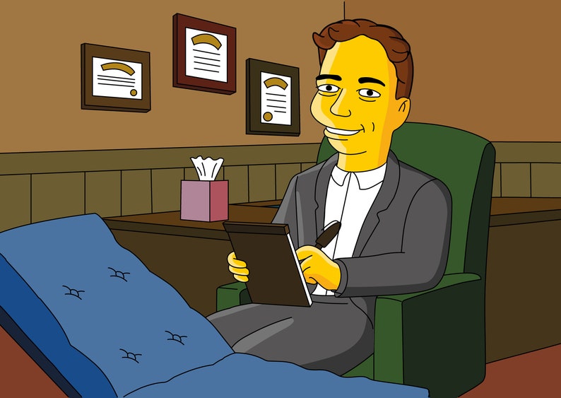 May include: A cartoon therapist with yellow skin sits in a green armchair, taking notes on a brown notepad. The therapist is wearing a grey suit jacket over a white shirt. The therapist is in an office setting with a wooden desk and a blue couch in the background.