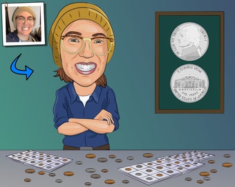 Coin Collector Gift - Custom Caricature Portrait From Your Photo / numismatist gift