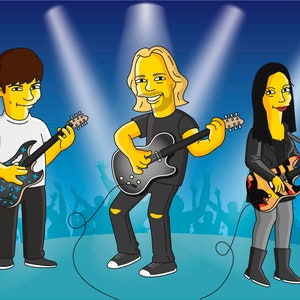 May include: Three people playing electric guitars on a stage with a blue background and spotlights. The person on the left is wearing a white shirt and black pants. The person in the middle is wearing a black shirt and black pants. The person on the right is wearing a black leather jacket and grey pants.