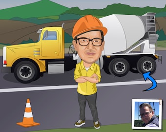 Custom Cement Truck Driver Caricature Portrait From Photo (Digital File)