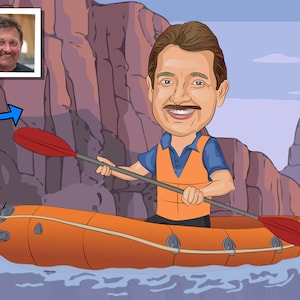 Regalo de rafting: retrato caricaturizado personalizado a partir de una foto, rafting en aguas bravas, kayak