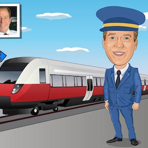 May include: A cartoon illustration of a train conductor wearing a blue uniform and a blue cap with a gold band. The conductor is standing in front of a red and white train.