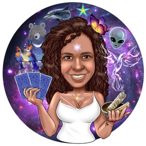 May include: A woman with curly brown hair is holding tarot cards and a bowl with a smudge stick. She is wearing a white tank top and has a star on her forehead. The background is a purple and blue galaxy with stars, a dolphin, a bear, a butterfly, a bird, and an alien.