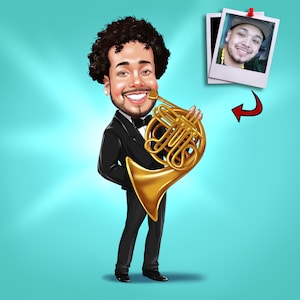 French Horn Player Gift - Custom Caricature Portrait, French Horn gift