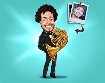 Custom French Horn Player Caricature (Digital File)