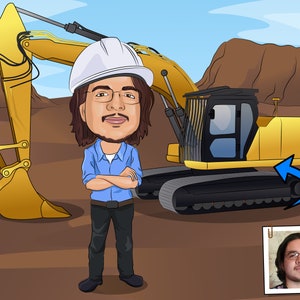 Excavator Operator - Custom Caricature From Photo, Crawler Excavator, Mini Excavator, Digger