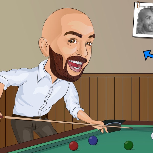 Cadeau de joueur de billard - Portrait caricatural personnalisé à partir d’une photo / cadeau de joueur de billard