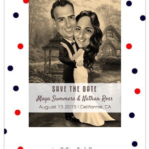 Puede incluir: Anuncio de boda de reserva de fecha con una caricatura en tonos sepia de una pareja. La invitaci&oacute;n incluye los nombres Maya Summers & Nathan Ross, la fecha 15 de agosto de 2015 y la ubicaci&oacute;n California, CA. El borde tiene lunares rojos y azul marino.